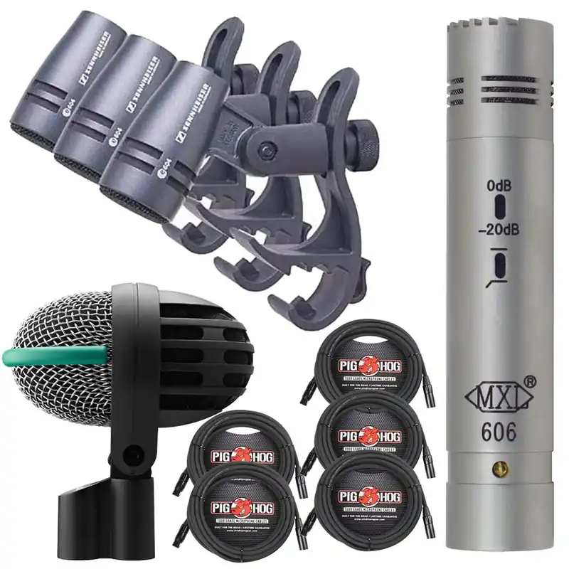 Markdown Drum Microphone Bundle, Sennheiser e604 3-Pack, MXL 606, AKG D112, and Cables