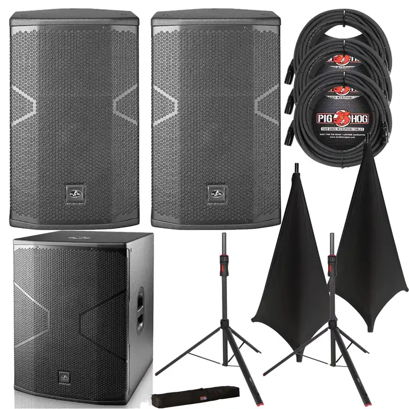While Supplies Last D.A.S. Audio VANTEC 12A Speaker Pair with 18A Subwoofer, Stands, Black Stand Covers, and Cables