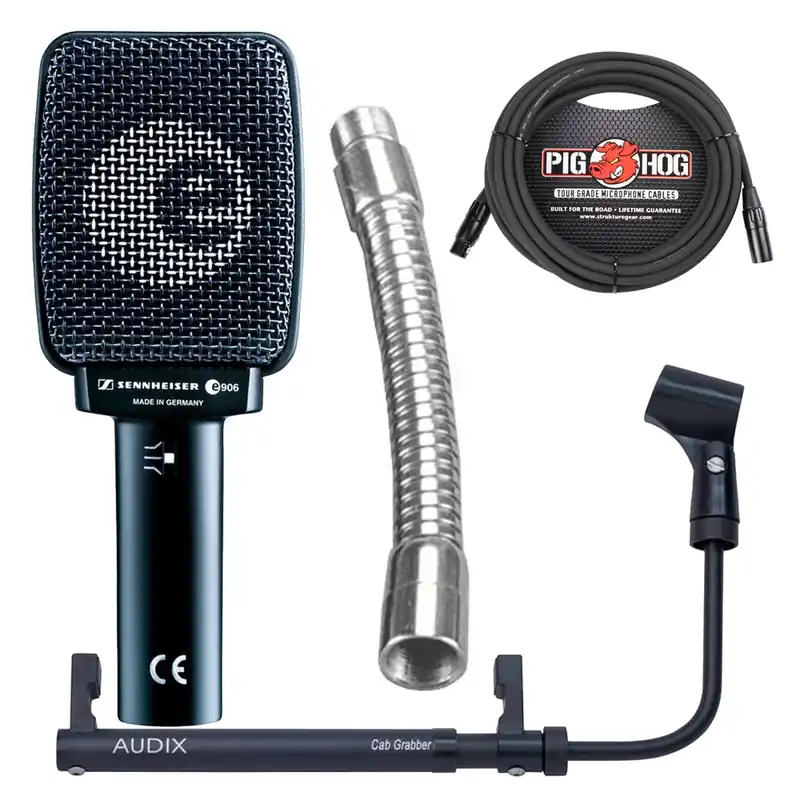 Seasonal Sale Sennheiser e906 Microphone with On Stage Stands 6Gooseneck (Chrome), Audix CabGrab, and 20 ft XLR Cable