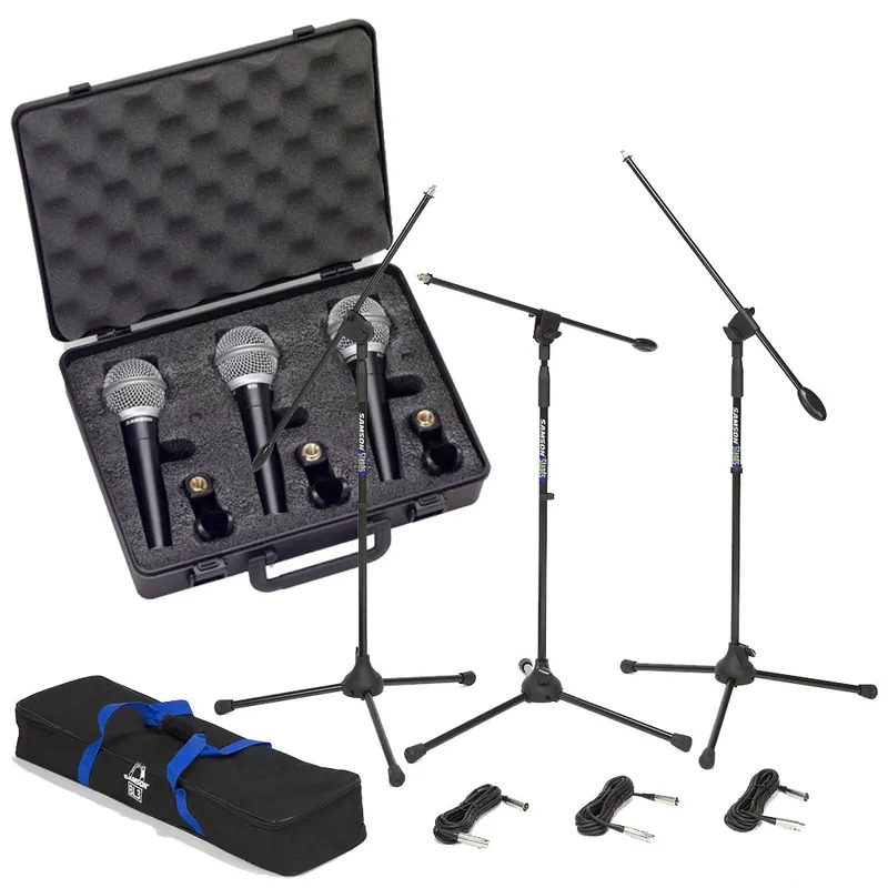Crafted (3) Samson R21 Vocal Microphones with Stands and 18 ft XLR Cables
