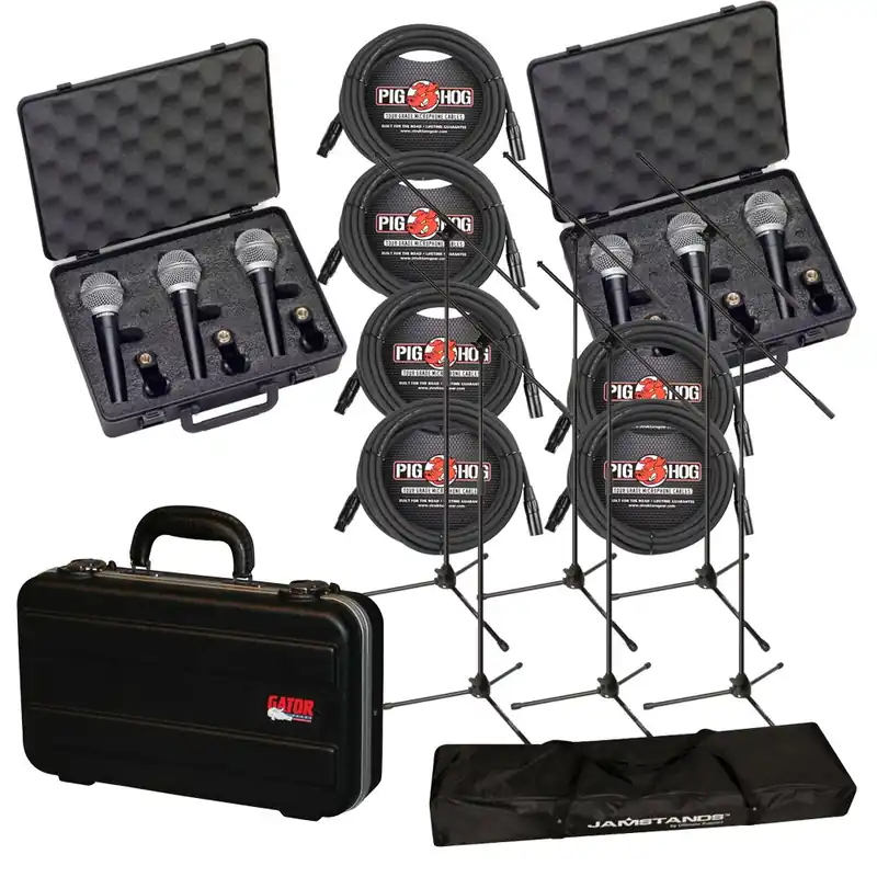Stage Microphone Bundle - (6) Vocal Mics, (6) Stands, (6) 25 ft Cables, & Travel Microphone Case Top Pick