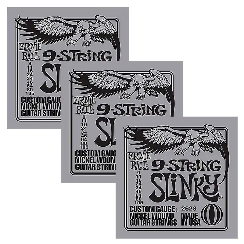 3 Sets of Ernie Ball 2628 9-String Slinky Nickel Wound Electric Guitar Strings (.009 -.105) Warranty Included