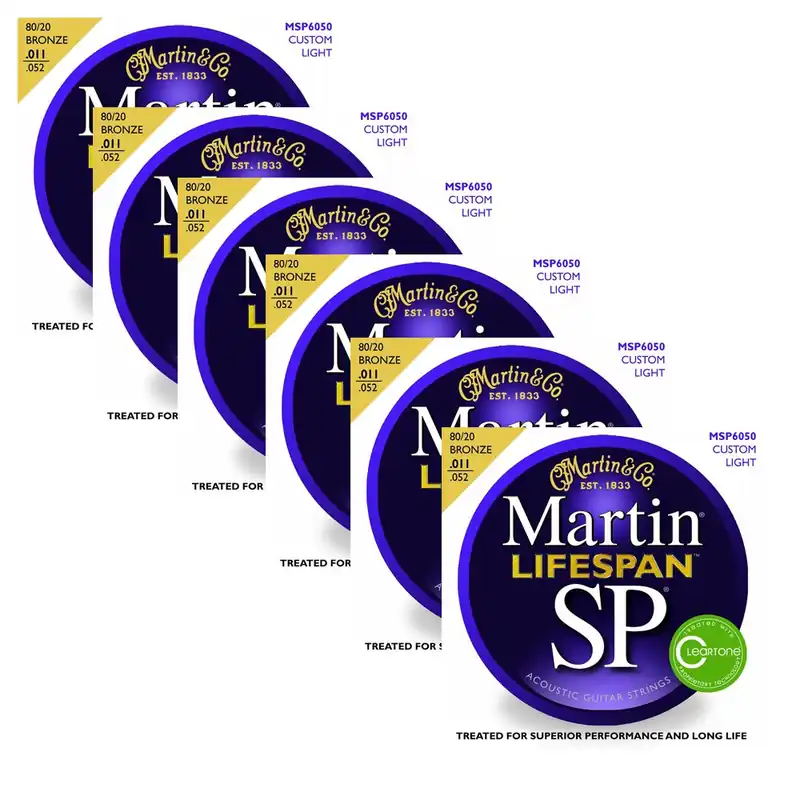 6 Sets of Martin MSP6050 SP Lifespan 80/20 Bronze Custom Light Acoustic Guitar Strings (11-52) Hot Picks
