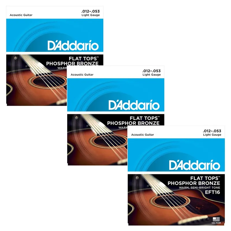 3 Sets of D'Addario EFT16 Flat Tops Light Acoustic Guitar Strings (12-53) Low Price