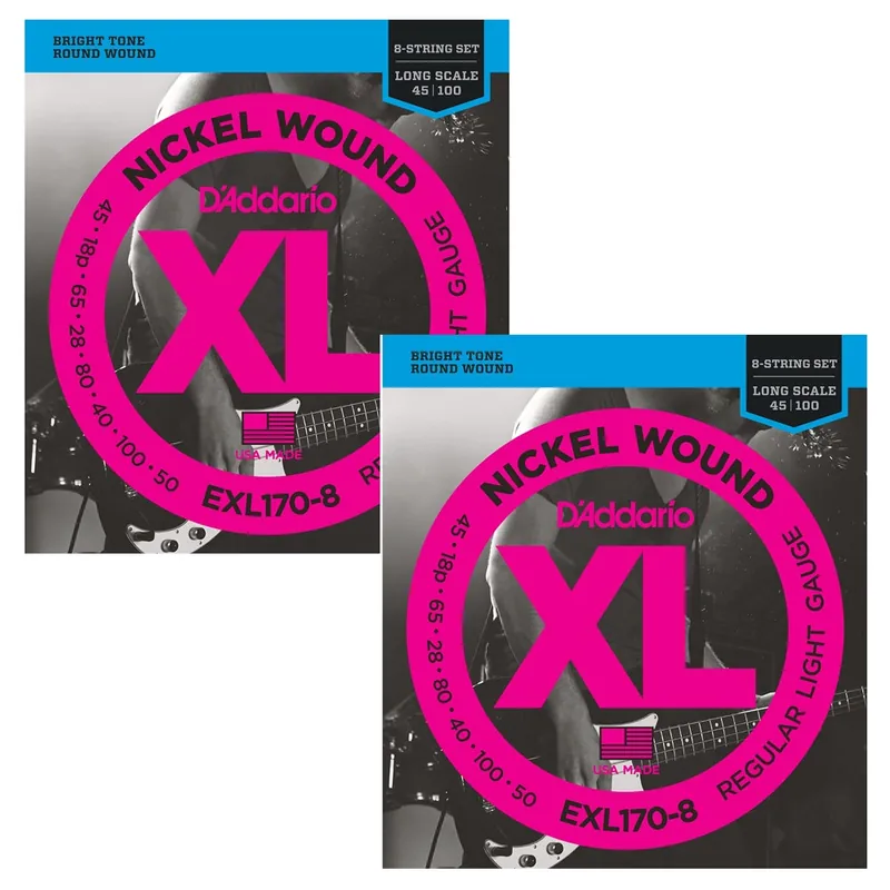 2 Sets of D'Addario EXL170-8 Nickel Wound 8-String Long Scale Light Bass Strings (32-130) Viral