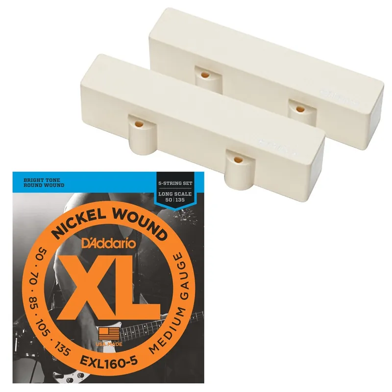 EMG J5 Set Active 5-String Jazz Bass Pickup Set (Ivory) with FREE Set of D'Addario EXL160-5 Strings (50-135) Factory Price