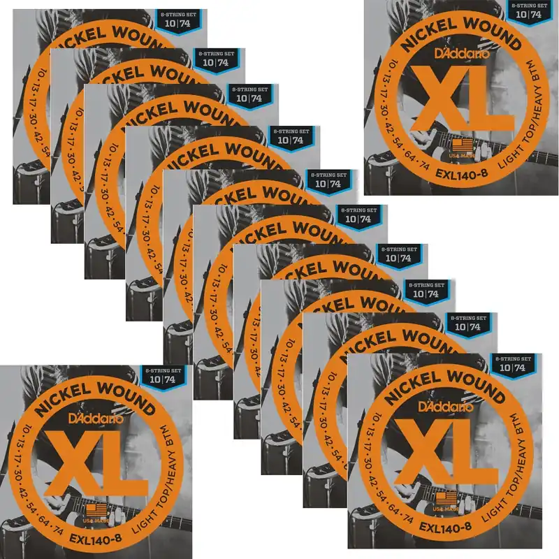 Limited Edition 12 Sets of D'Addario EXL140-8 Nickel Wound 8-String Light Top/Heavy Bottom Electric Guitar Strings (10-74)