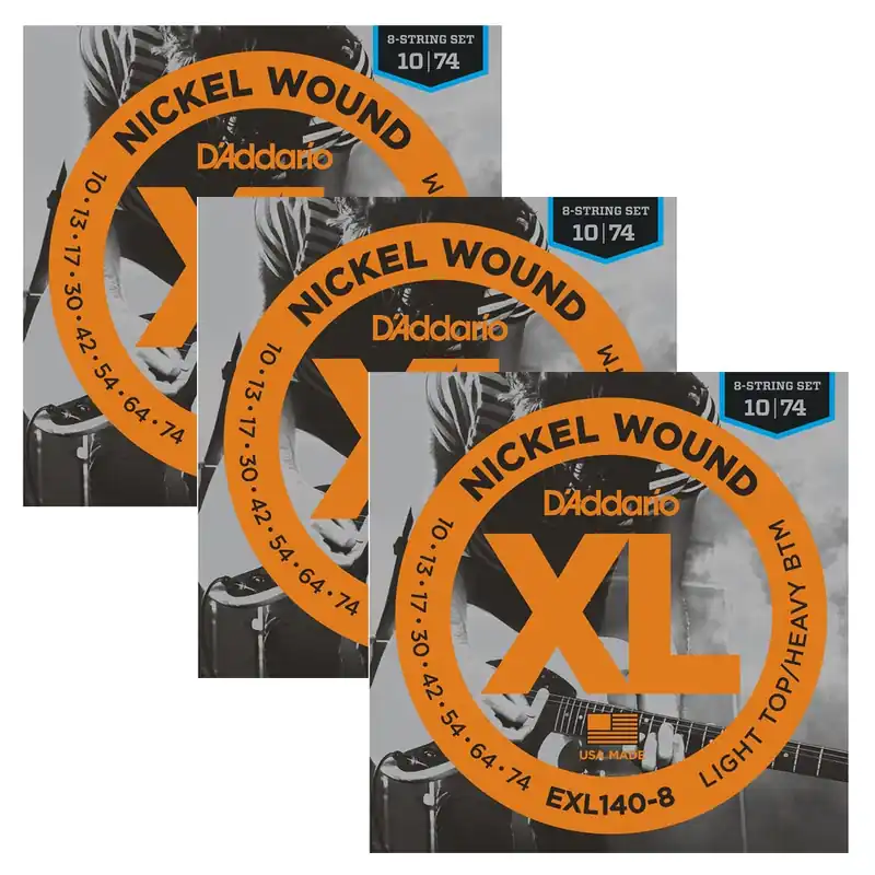 3 Sets of D'Addario EXL140-8 Nickel Wound 8-String Light Top/Heavy Bottom Electric Guitar Strings (10-74) Time-Limited