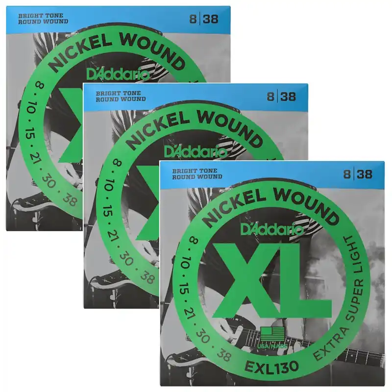 3 Sets of D'Addario EXL130 Nickel Wound Extra-Super Light Electric Guitar Strings (8-38) Original