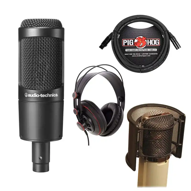 Warranty Included Audio Technica AT-2035 Microphone With Popguard + Headphones + 10' Mic Cable Bundle