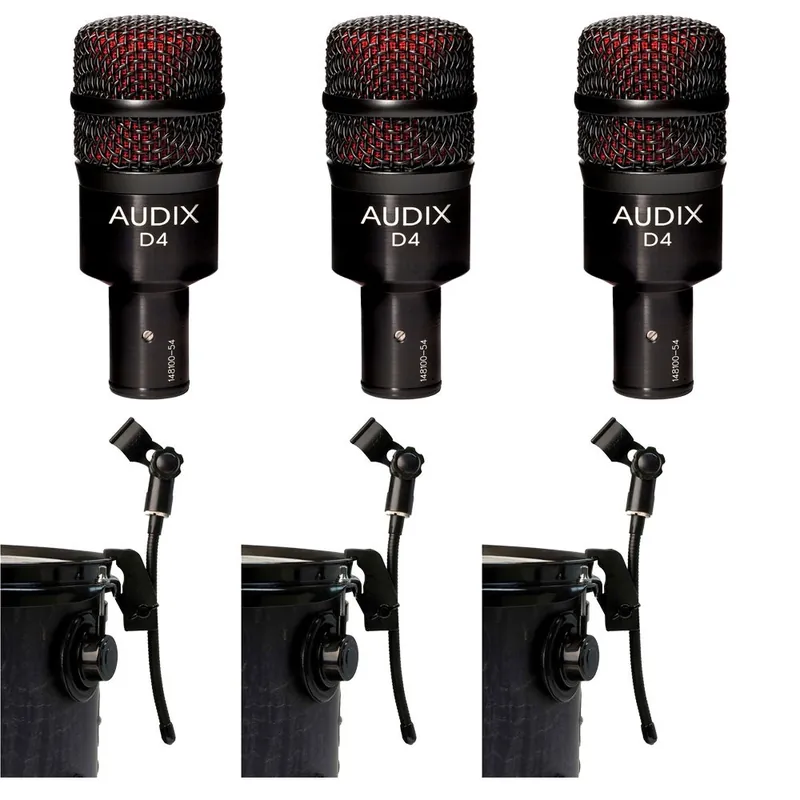 Certified (3) Audix D4 Hypercardioid Dynamic Microphone and (3) DVice Gooseneck Mic Clips