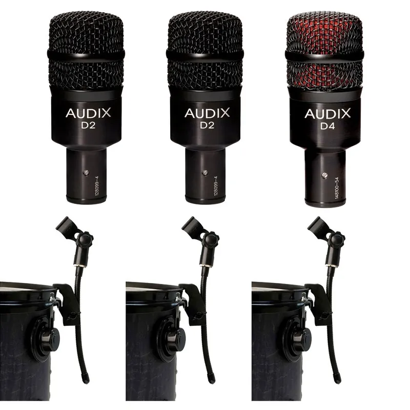 (2) Audix D2 Dynamic Microphones with D4 Hypercardioid Microphone and (3) DVice Gooseneck Mic Clips Buy Today
