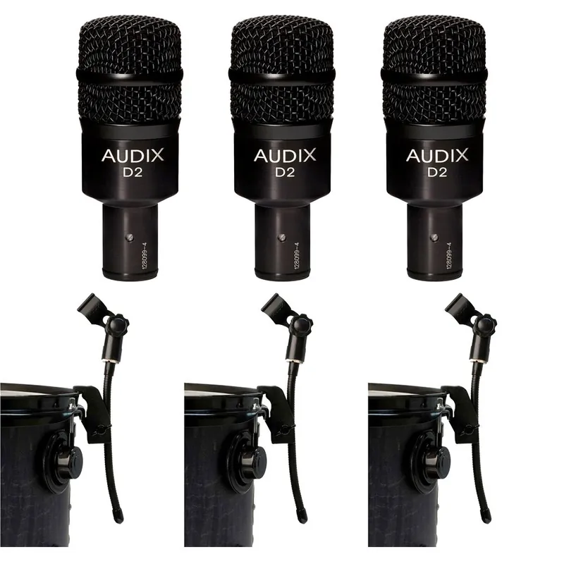 Save Now (3) Audix D2 Hypercardioid Dynamic Microphones and (3) DVice Gooseneck Mic Clips Bundle