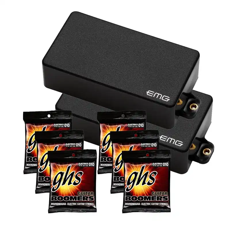 One Day Deal EMG 85 and 85 Black Humbucking Active Guitar Pickups with 6 Sets of GHS GBL Strings (10-46)