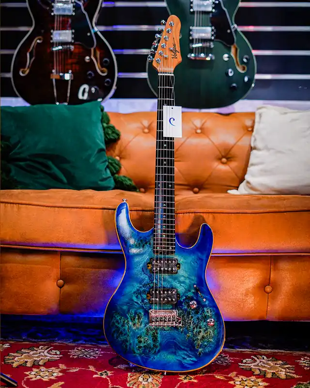 Same Day Shipping Volgoa "IBZ" Burled Maple Electric Guitar in Ocean Blue