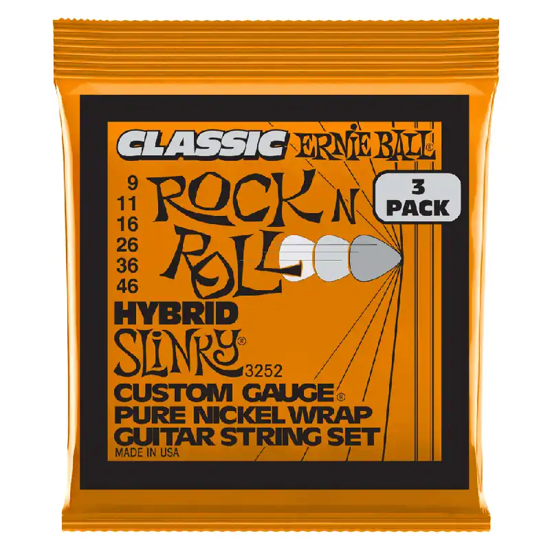 Handmade Ernie Ball 2252 Classic Hybrid Slinky Pure Nickel 9-46 Electric Guitar Strings, 3-Pack