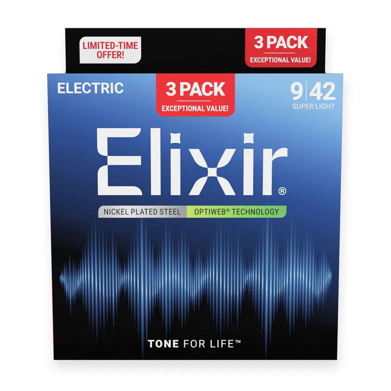Cheap Elixir Optiweb Nickel Wound 9-42 Electric Guitar Strings, 3-Pack