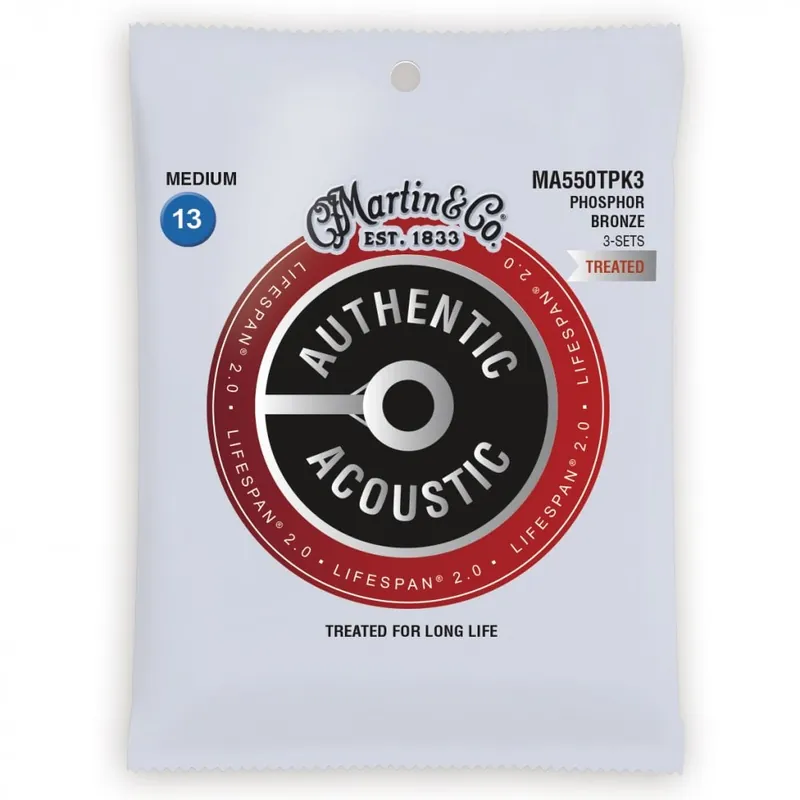 Martin Authentic Acoustic LifeSpan Phosphor Bronze 13-56 Acoustic Guitar Strings, 3-Pack Money Back Guarantee