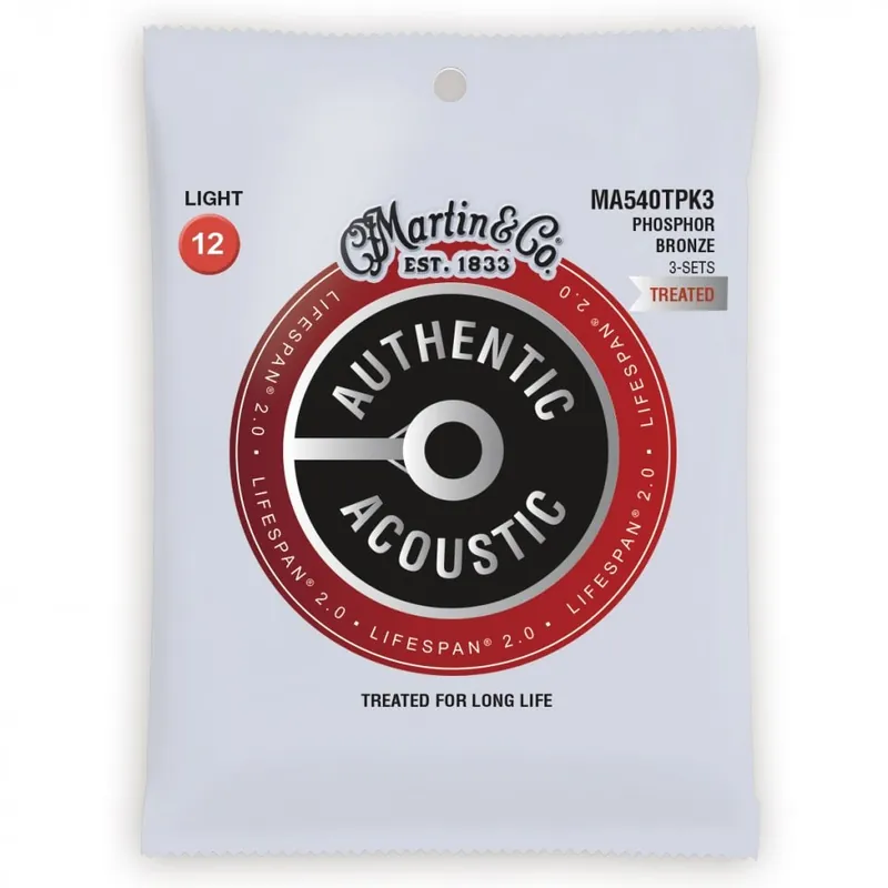 Martin Authentic Acoustic LifeSpan Phosphor Bronze 12-54 Light Acoustic Guitar Strings, 3-Pack Limited Edition