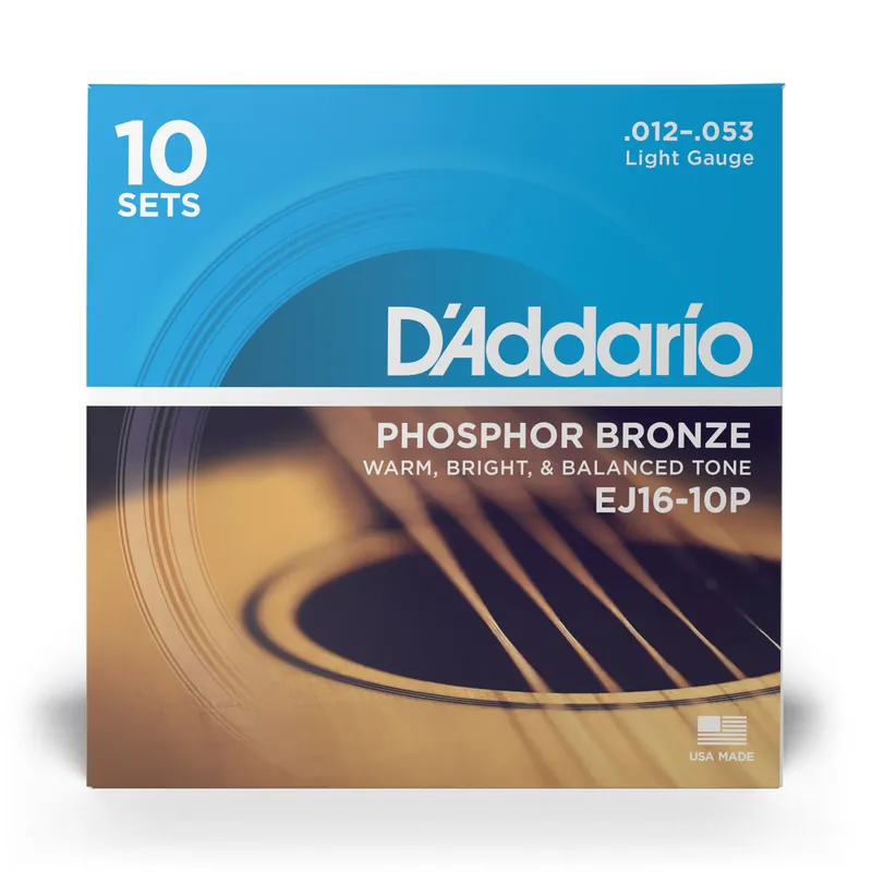 D'Addario EJ16 Phosphor Bronze 12-53 Acoustic Guitar Strings, Light, 10-Pack Professional Grade