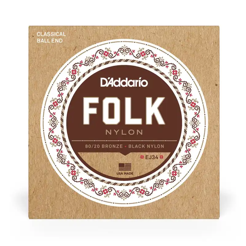 D'Addario EJ34 Folk Nylon 80/20 Bronze & Black Nylon Acoustic Guitar Strings, Ball-End Best Choice
