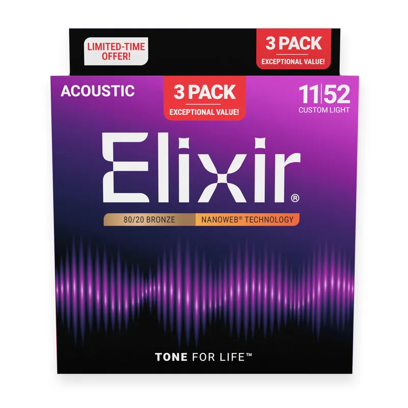 Elixir Nanoweb 80/20 Bronze 11-52 Acoustic Guitar Strings, 3-Pack Limited Offer