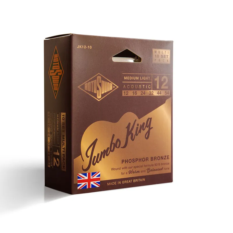 Rotosound Jumbo King Phosphor Bronze 12-54 Acoustic Guitar Strings, 10-Pack Crafted