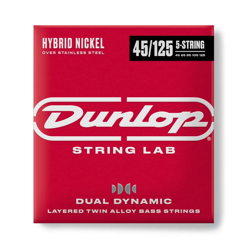 Jim Dunlop Dual Dynamic Hybrid Nickel-Steel 45-125 5-String Bass Guitar Strings, Long Scale Exclusive